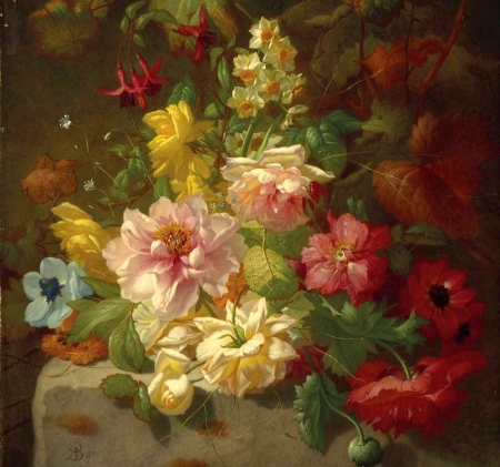 Flowers - yellow, flower, pink, still life, red, painting, rose, art, arnoldus bloemers