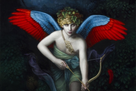 Cupid - cupid, archer, blue, chie yoshii, angel, man, arrow, boy, black, pictura, fantasy, red, painting, wings, art