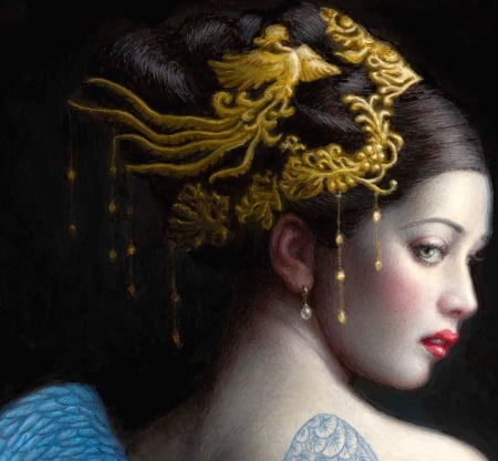 Angel (detail) - chie yoshii, girl, angel, black, fantasy, painting, face, golden, art, luminos