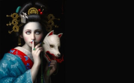 Another face - black, girl, white, fantasy, geisha, hand, red, mask, fox, blue, art, pictura, vulpe, chie yoshii, asian, luminos, painting