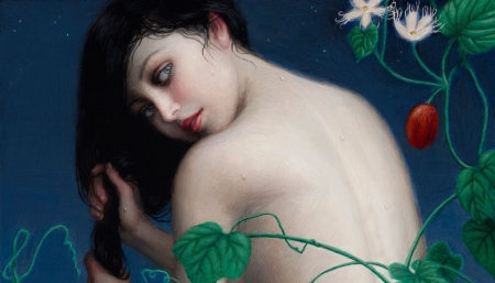 Bathing in a lake - flower, girl, art, fantasy, pictura, bath, chie yoshii, luminos, painting, green