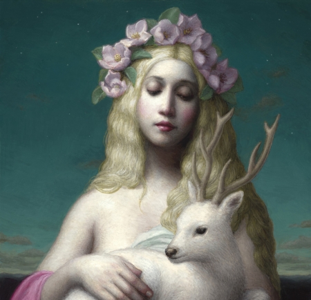 Diana - hunter, blue, diana, chie yoshii, blonde, flower, pink, horns, pictura, fantasy, wreath, goddess, deer, painting, art