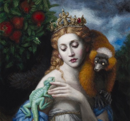 Samsara - maimuta, chie yoshii, lizard, girl, flower, monkey, pictura, fantasy, hand, red, painting, art, luminos