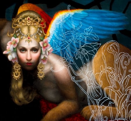 Sphynx - blue, chie yoshii, girl, pictura, fantasy, painting, wings, art, sphynx, luminos