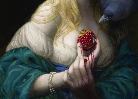 Pomegranate (detail) - pomegranate, girl, fantasy, fruit, painting, art, chie yoshii, red, luminos, green