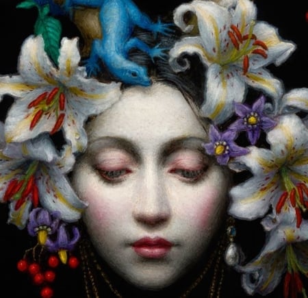 Beauty - blue, chie yoshii, girl, flower, lily, pictura, white, painting, face, art