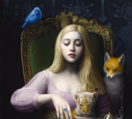 Alice - cub, fox, chie yoshii, girl, blonde, blue bird, tiger, pictura, fantasy, painting, alice, art, luminos