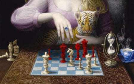 Alice (detail) - cub, chie yoshii, tiger, cat, fantasy, hand, painting, chess, pisici, alice, luminos, big cat