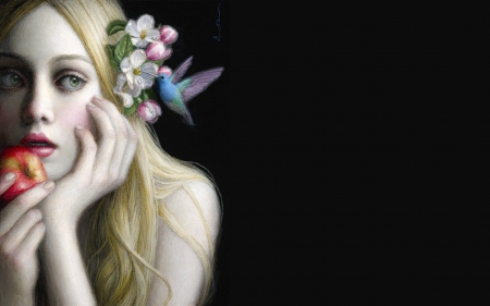 Girl - bird, chie yoshii, girl, blonde, flower, black, pasari, pictura, fantasy, painting, hummingbird, art, luminos