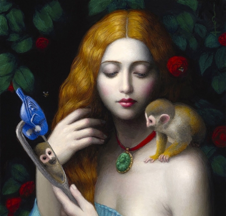 Mirror, mirror - pendant, girl, maimuta, jewel, fantasy, painting, art, chie yoshii, mirror, hand, luminos, red, pictura, monkey, flower