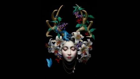 Fantasy - face, flower, black, bird, girl, blue, art, pictura, butterfly, chie yoshii, pasari, luminos, painting, horns