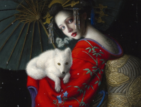 Geisha with white fox - geisha, chie yoshii, girl, white fox, kimono, vuple, black, pictura, fantasy, umbrella, parasol, red, painting, art, asian, luminos