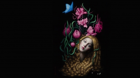 Fantasy - flower, pink, black, girl, blue, art, fantasy, pictura, butterfly, chie yoshii, luminos, painting