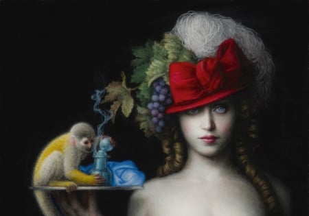 Perfume - yellow, blue, monkey, red, fruit, face, art, luminos, hat, bottle, perfume, maimuta, chie yoshii, girl, black, fantasy, pictura, painting