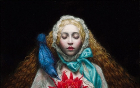 Blue bird, red flower - red, flower, black, bird, girl, blue, art, fantasy, pictura, chie yoshii, pasari, luminos, painting