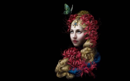 Girl - red, flower, black, girl, art, fantasy, pictura, butterfly, chie yoshii, luminos, painting