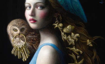 :) - face, owl, girl, art, fantasy, pictura, key, chie yoshii, bufnita, painting