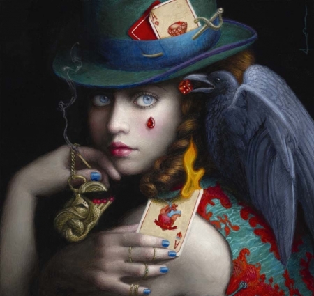 :) - hat, girl, fantasy, bird, raven, painting, face, crow, art, pasari, chie yoshii, card, pictura