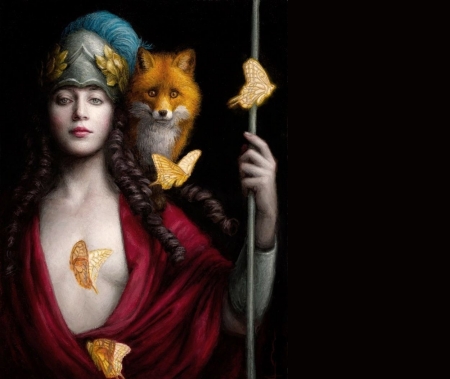 :) - red, black, girl, fox, art, fantasy, pictura, athena, vulpe, chie yoshii, painting