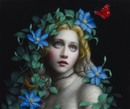 Girl - face, red, flower, girl, blue, art, fantasy, pictura, butterfly, chie yoshii, luminos, painting