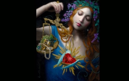 :) - heart, chie yoshii, girl, pictura, fantasy, red, painting, libra, art