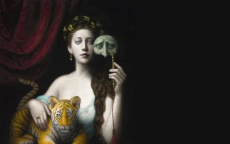 Girl with tiger cub - cub, chie yoshii, tiger, black, pictura, fantasy, mask, painting, art