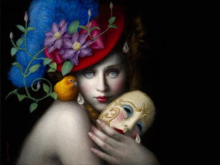 Another face - hat, bird, yellow, blue, chie yoshii, girl, feather, flower, black, pictura, fantasy, mask, red, painting, face, luminos