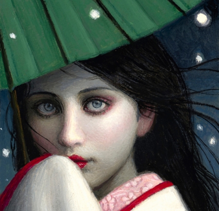 Girl - face, red, girl, art, pictura, chie yoshii, asian, painting, green