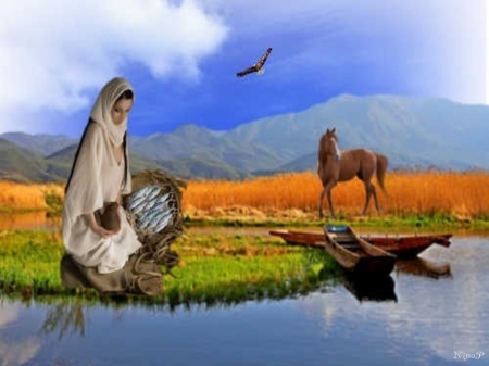 fishing - woman, lake, horse, fish, bird