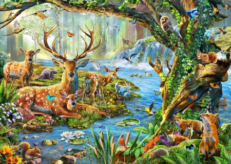 Wildlife - cerb, water, adrian chesterman, forest, tree, fantasy, caprioara, animal, deer, luminos, wildlife