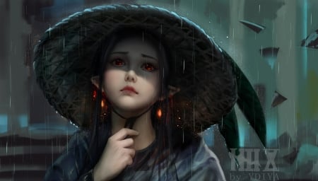 Girl - hat, girl, elf, fantasy, hand, rain, face, art, asian, luminos, ydiya