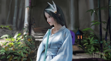 Princess - bleu, girl, kimono, fantasy, princess, art, asian, luminos, ydiya