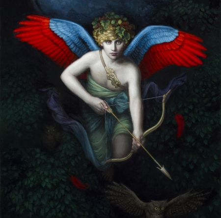 Cupid - angel, wings, black, fantasy, archer, painting, art, cupid, chie yoshii, boy, luminos, red, blue, pictura, arrow