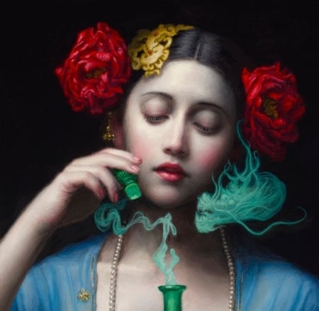 Perfume - girl, rose, fantasy, painting, face, art, chie yoshii, yellow, hand, luminos, red, blue, pictura, perfume, flower