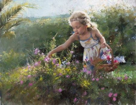 Little girl - vara, girl, summer, copil, basket, child, painting, art, vicente romero redondo, pink, pictura, green, flower