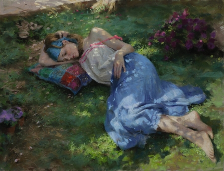 Siesta - vara, summer, painting, sleep, siesta, art, vicente romero redondo, blue, green, pictura