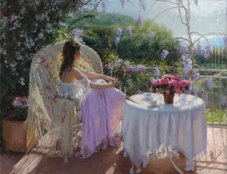 Day dreaming - vara, girl, summer, painting, art, vicente romero redondo, pink, pictura, table, flower