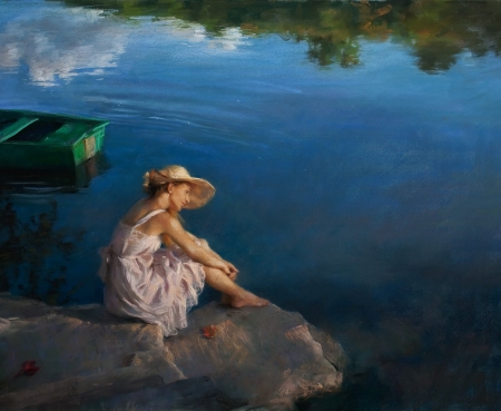 Day dreaming - vara, hat, girl, water, summer, painting, art, vicente romero redondo, blue, pictura, boat