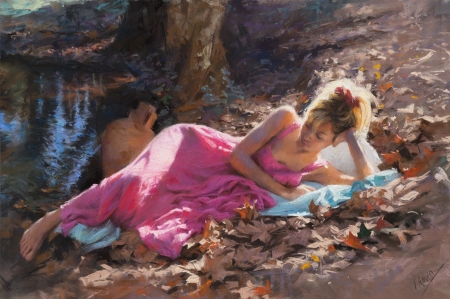 Day dreaming - lake, vara, girl, water, summer, painting, art, vicente romero redondo, pink, pictura, dress