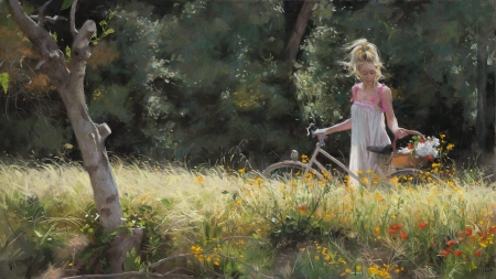 The girl with a bike - bike, vara, summer, painting, art, vicente romero redondo, forest, pictura, bycicle