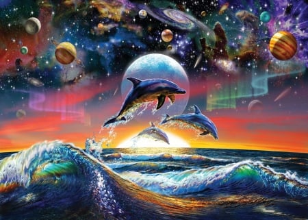 Fantasy - water, summer, blue, planet, dolphin, sea, adrian chesterman, orange, fantasy, vara, luminos