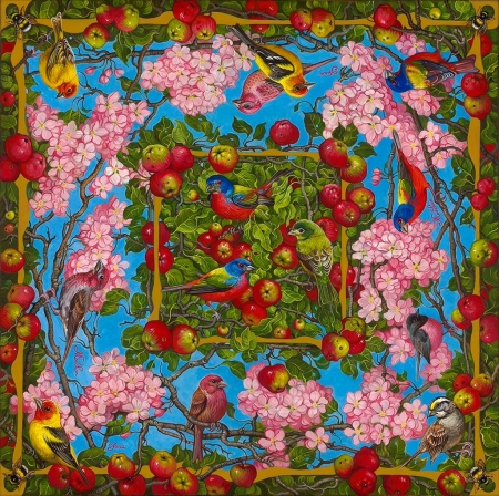 Apple blossoms withh bees and birds - bird, bee, apple blossom, blue, spring, parrot, flower, pink, mar, pictura, red, green, painting, fruit, yana movchan, art