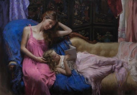 :) - woman, girl, mother, copil, child, book, painting, art, vicente romero redondo, pink, blue, pictura