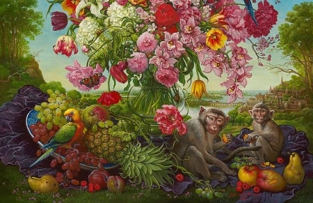 Falling in my dream - bird, maimuta, parrot, flower, pink, monkey, pasari, pictura, painting, fruit, yana movchan, art