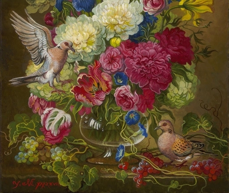 Floral with doves - dove, rose, fruit, yana movchan, bird, painting, pasari, red, pictura, grapes, flower