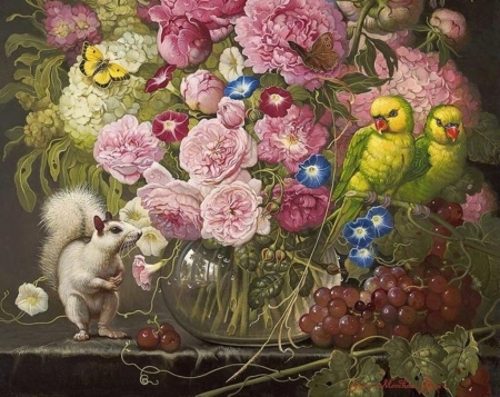 Floral with parrots and white squirrel - veverita, squirrel, bird, fruit, yana movchan, painting, white, art, pasari, pink, parrot, pictura, grapes, flower