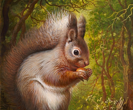 Squirrel - veverita, squirrel, yana movchan, painting, art, forest, green, animal, pictura, nut