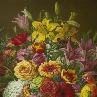 Flowers and a parrot