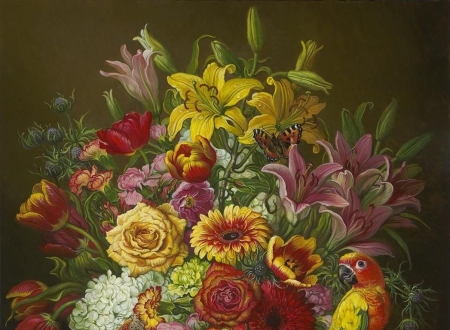 Flowers and a parrot - yana movchan, bird, painting, pasari, art, yellow, parrot, red, pictura, flower