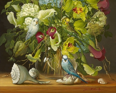 Flowers and seashells - vase, bird, seashell, parrot, flower, pasari, pictura, painting, yana movchan, art